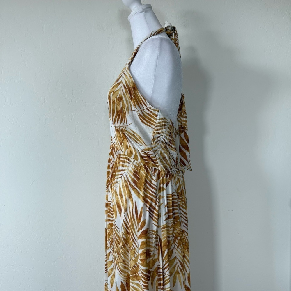 Lush Golden Yellow Palm Leaf Plant V Neck Halter Lightweight Maxi Dress Large - Picture 4 of 9
